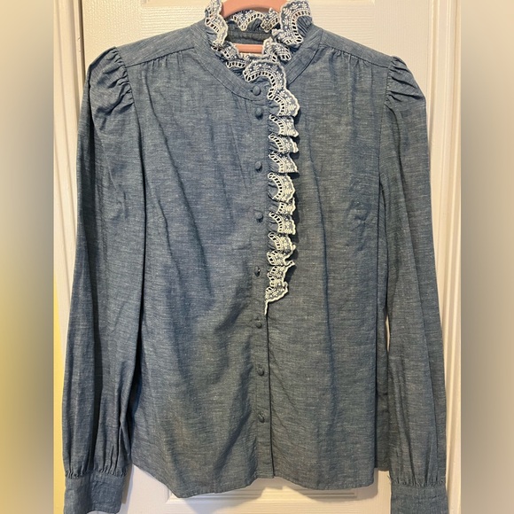 Sezane Tops - Sezane Denim Chambray Ruffled Lace Blouse 34 2 4 US Shirt